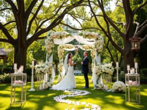 Elegant Outdoor Wedding Ceremony Under Trees – free AI stock image