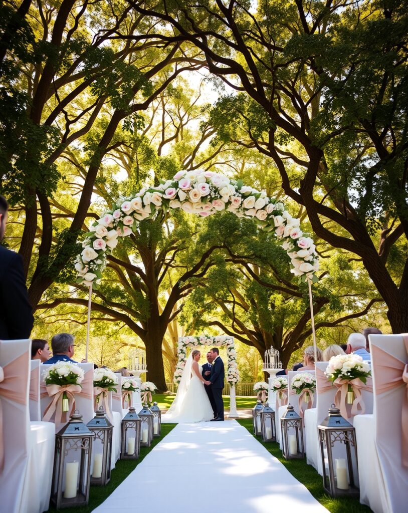 Elegant Outdoor Wedding Ceremony Under Trees – free AI stock image