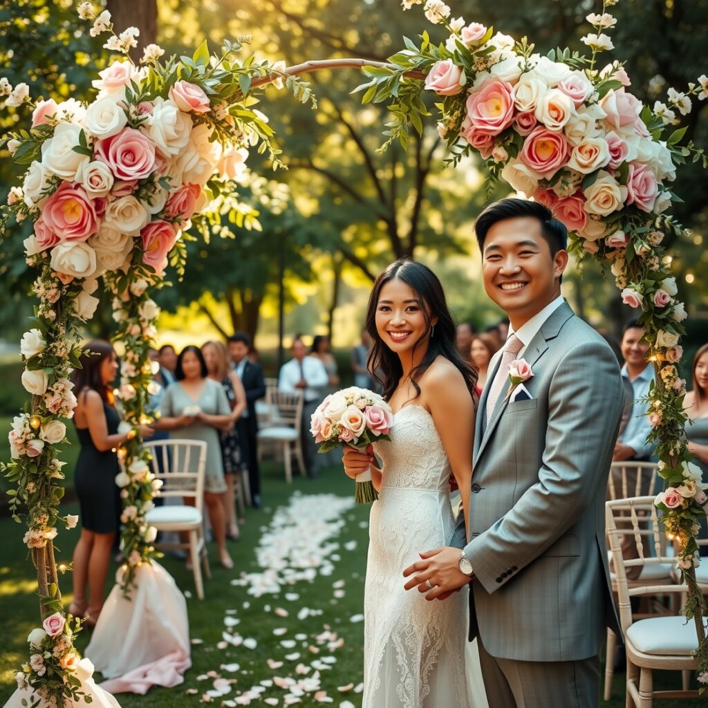 Elegant Outdoor Wedding Ceremony with Flower Arches – free AI stock image