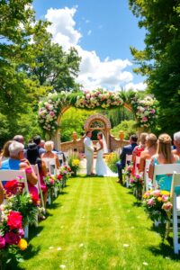 Elegant Outdoor Wedding Ceremony with Flowers – free AI stock image