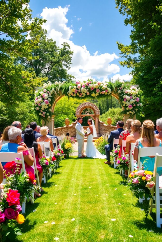Elegant Outdoor Wedding Ceremony with Flowers – free AI stock image
