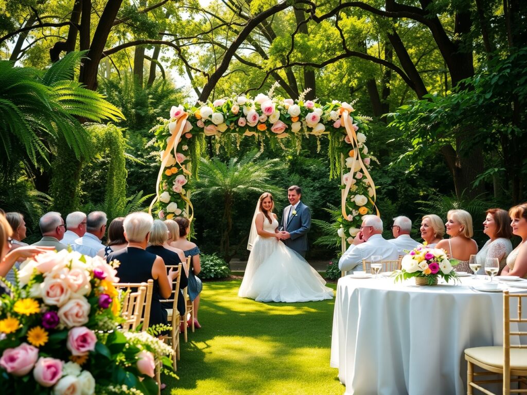 Elegant Outdoor Wedding Ceremony with Flowers – free AI stock image