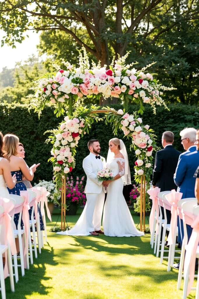 Elegant Outdoor Wedding Ceremony with Flowers – free AI stock image