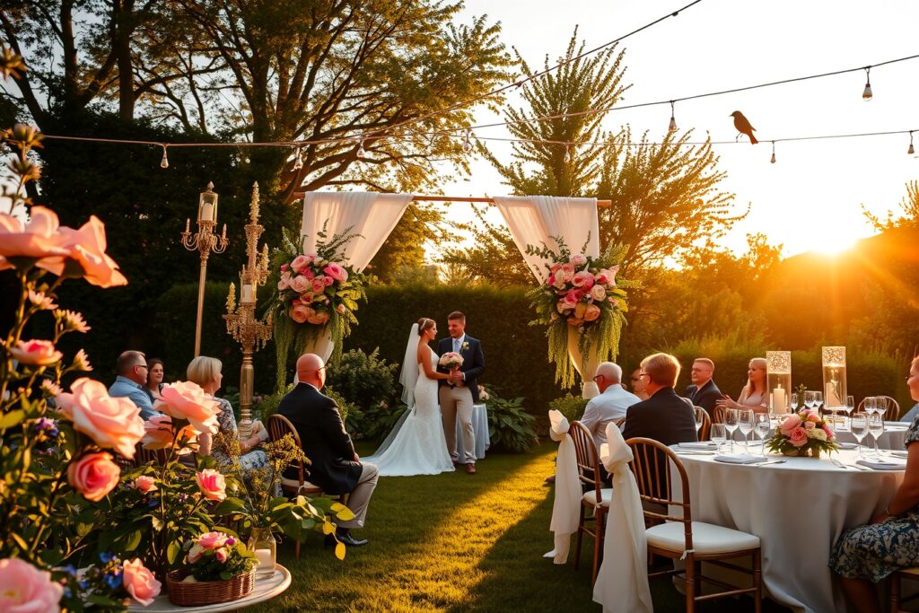 Elegant Outdoor Wedding Ceremony with Flowers – free AI stock image