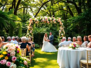 Elegant Outdoor Wedding Ceremony with Flowers – free AI stock image