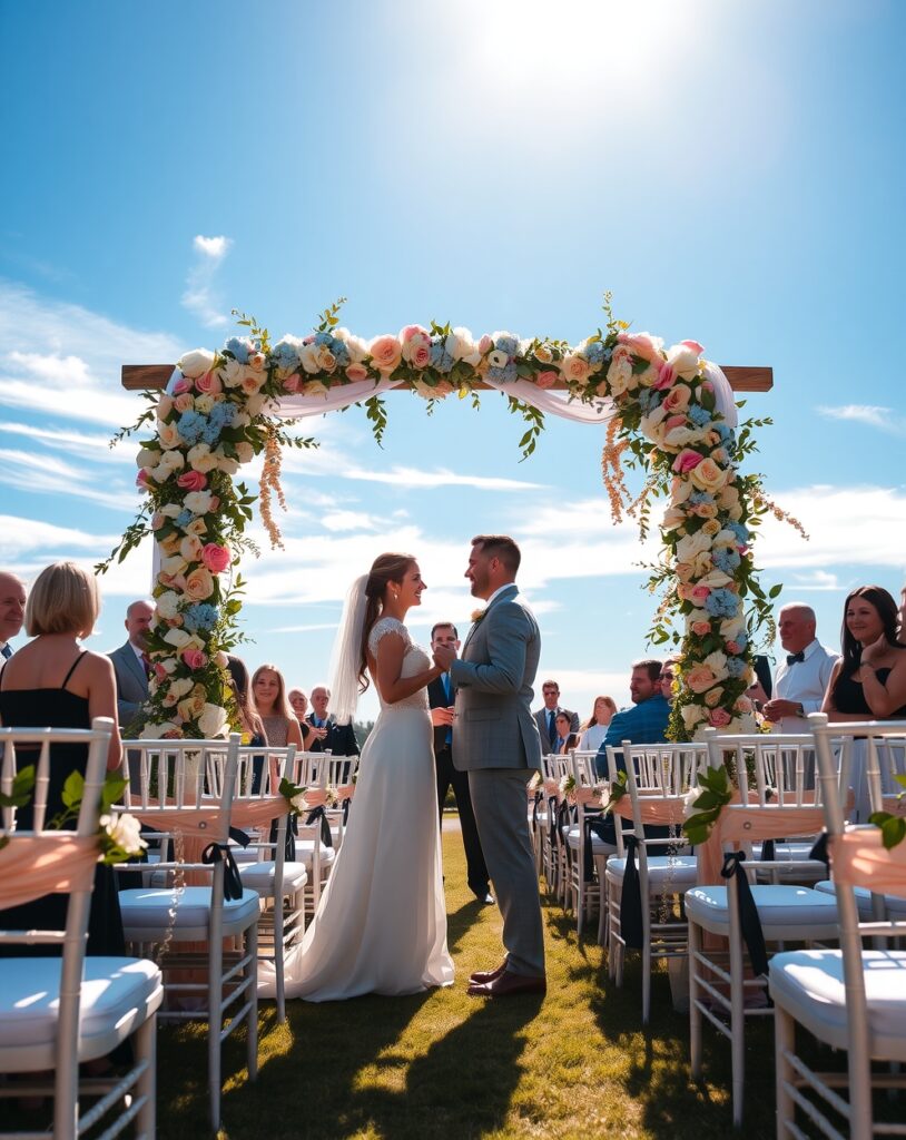 Elegant Outdoor Wedding Under a Floral Arch – free AI stock image