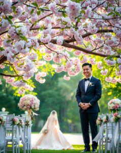 Elegant Outdoor Wedding Under a Blossom Tree – free AI stock image