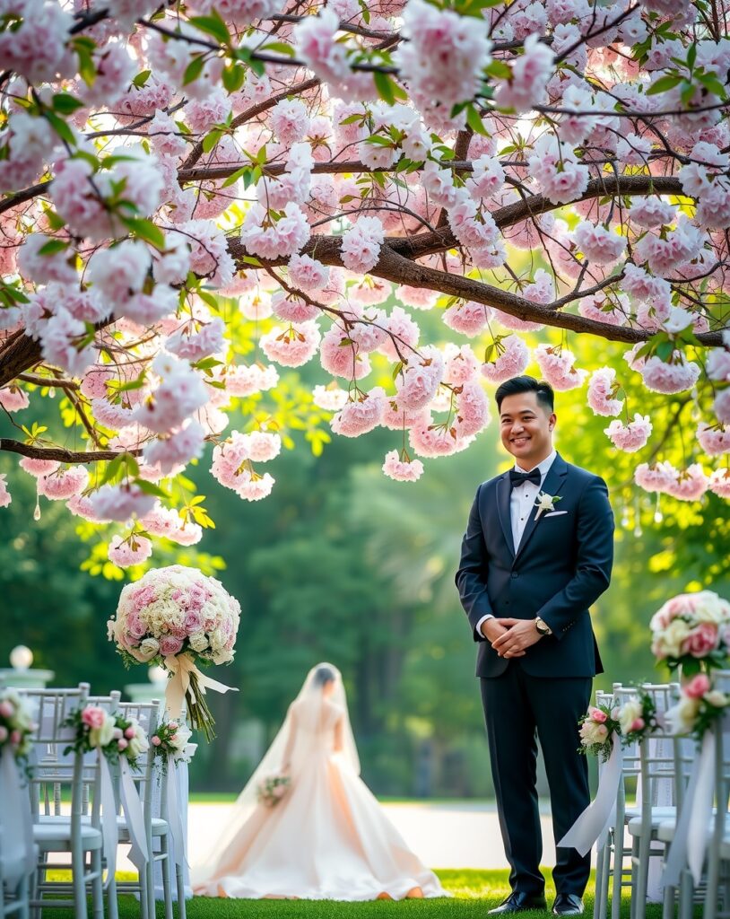 Elegant Outdoor Wedding Under a Blossom Tree – free AI stock image