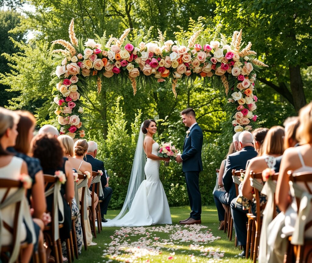 Elegant Outdoor Wedding under a Floral Arch – free AI stock image