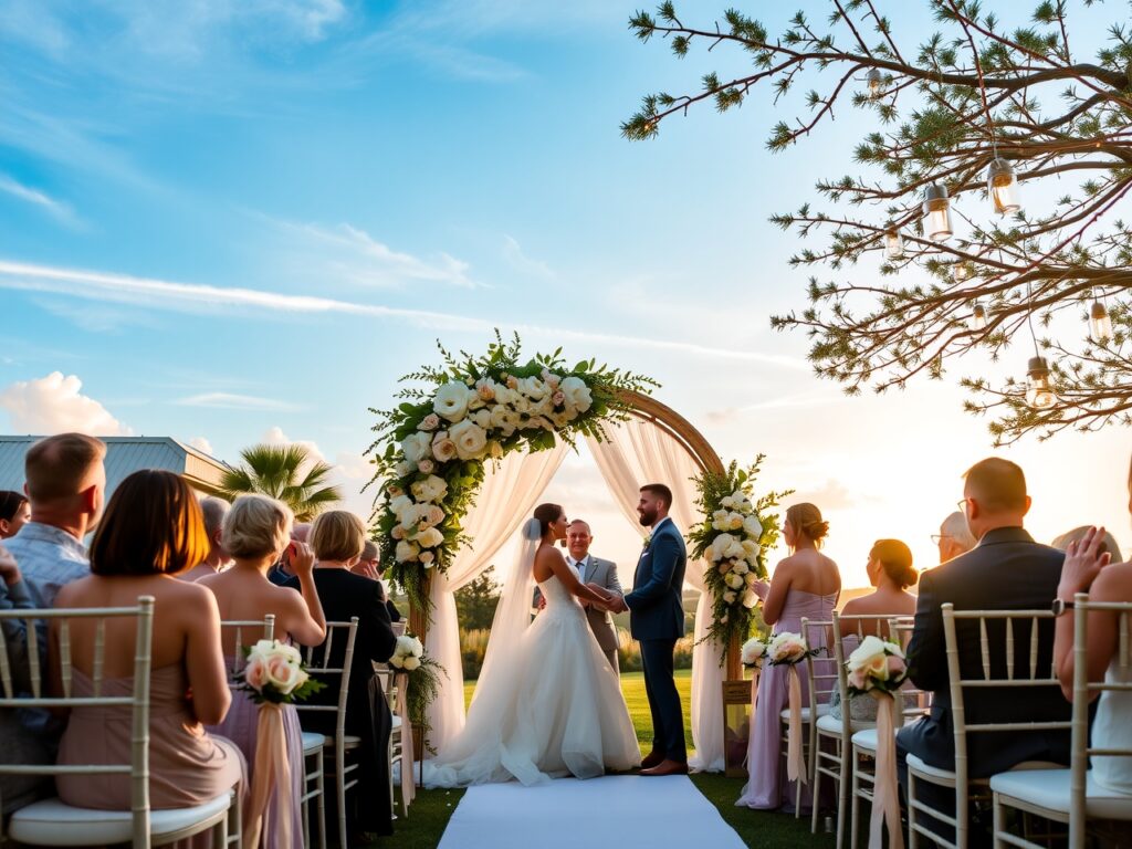 Elegant Outdoor Wedding Under a Floral Arch – free AI stock image