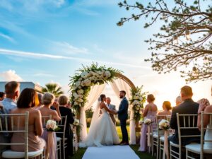 Elegant Outdoor Wedding Under a Floral Arch – free AI stock image