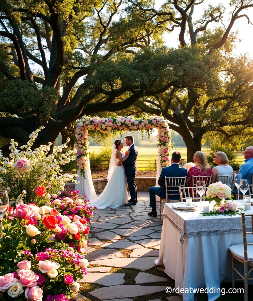 Elegant Outdoor Wedding Under a Floral Arch – free AI stock image