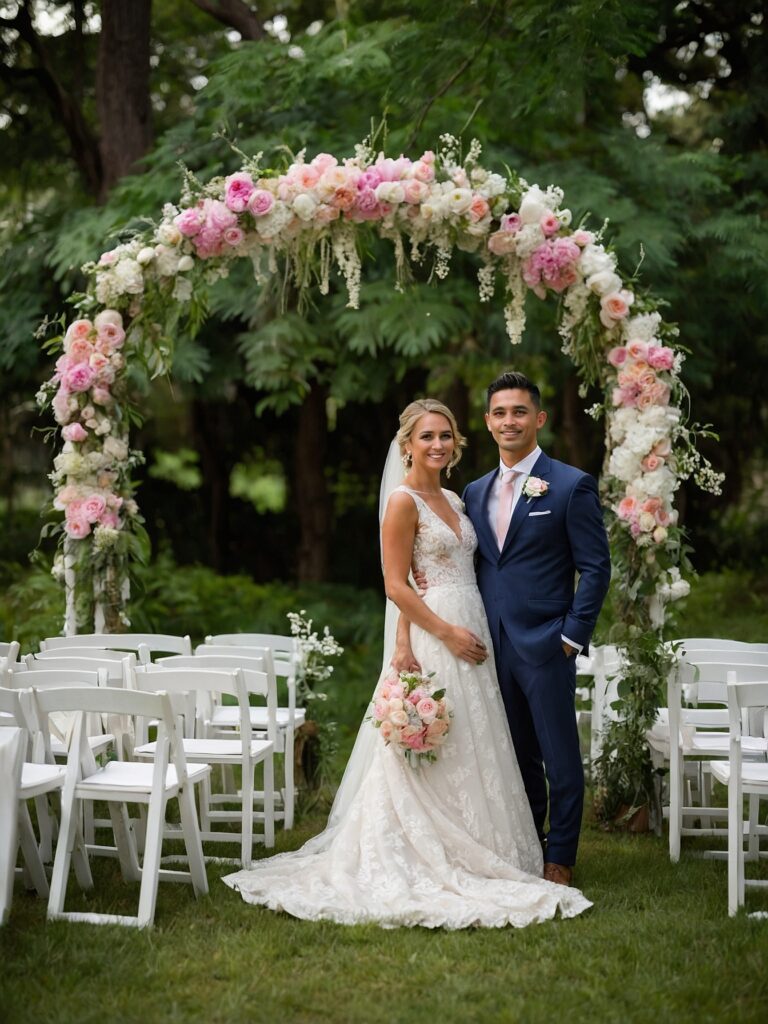 Elegant Outdoor Wedding Under a Flower Arch – free AI stock image