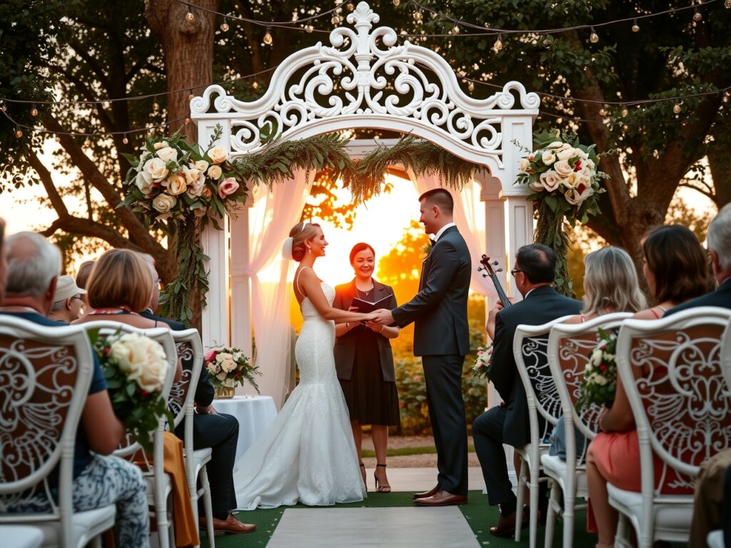 Elegant Outdoor Wedding Under a Golden Sunset – free AI stock image