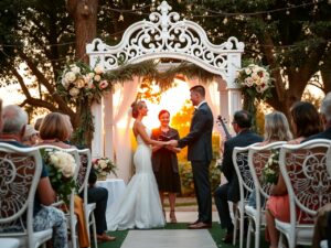 Elegant Outdoor Wedding Under a Golden Sunset – free AI stock image