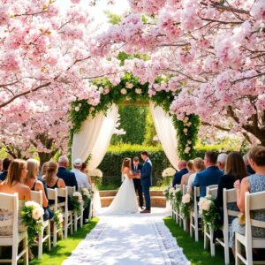 Elegant Outdoor Wedding Under Blooming Trees – free AI stock image