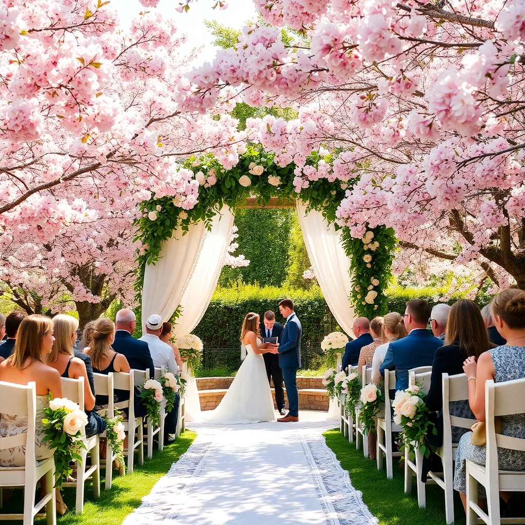 Elegant Outdoor Wedding Under Blooming Trees – free AI stock image