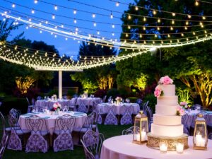 Elegant Outdoor Wedding under String Lights – free AI stock image