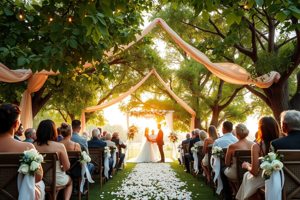 Elegant Outdoor Wedding Under the Trees – free AI stock image