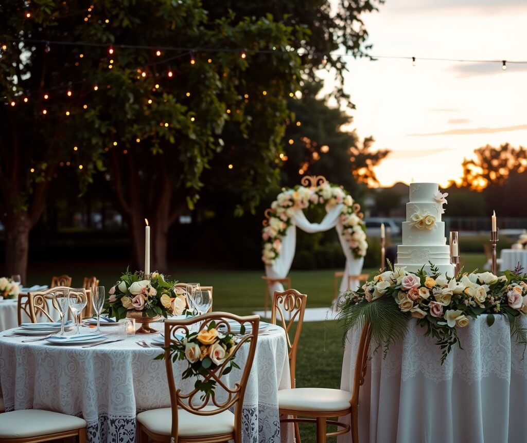 Elegant Outdoor Wedding Under Twinkling Lights – free AI stock image
