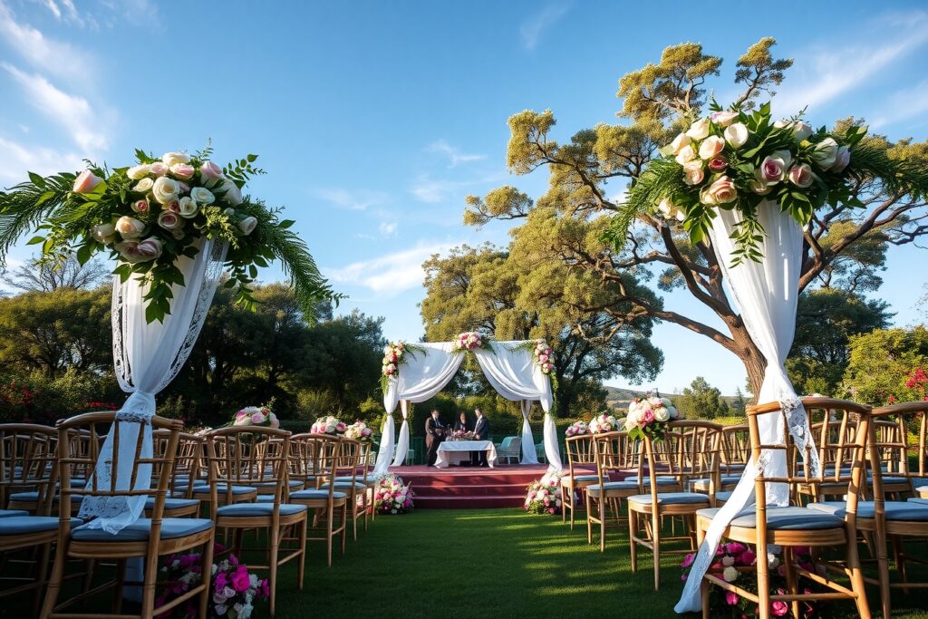 Elegant Outdoor Wedding with Floral Arches – free AI stock image