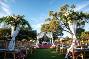 Elegant Outdoor Wedding with Floral Arches – free AI stock image