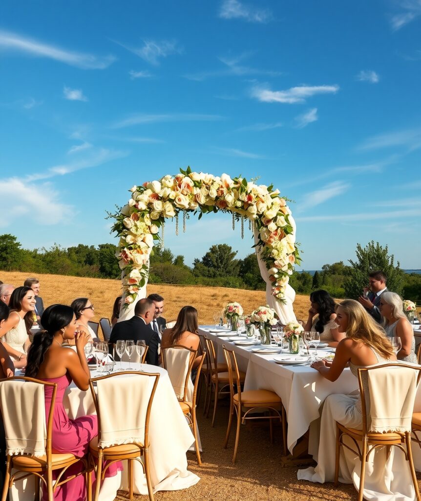 Elegant Outdoor Wedding with Floral Arrangements – free AI stock image