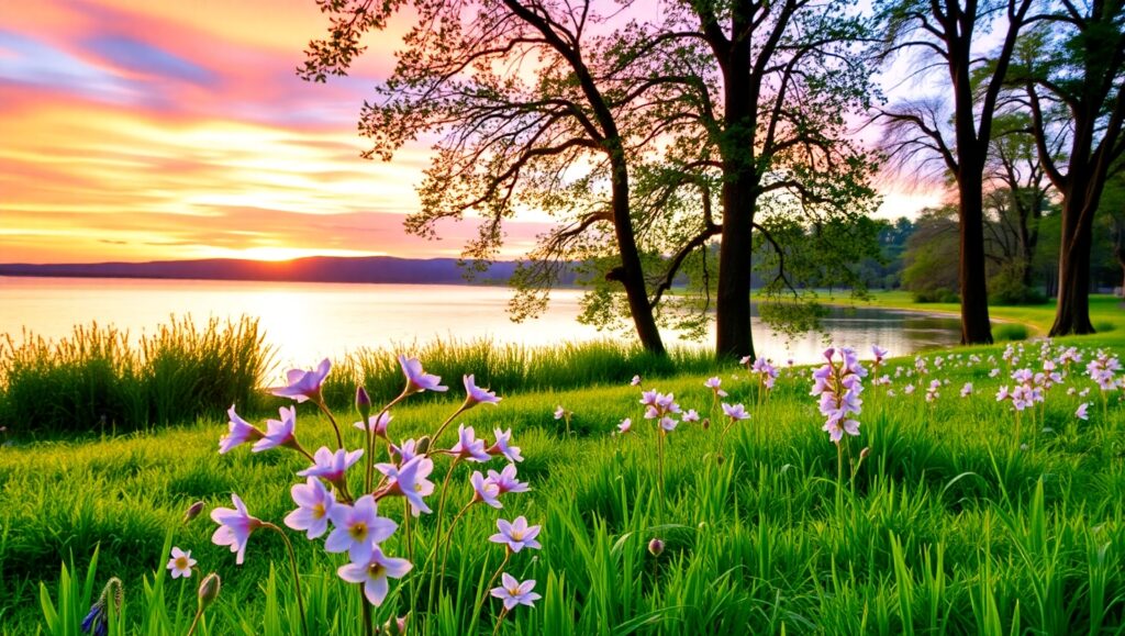 Elegant Sunset Over Tranquil Lake – free AI stock image
