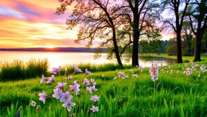 Elegant Sunset Over Tranquil Lake – free AI stock image