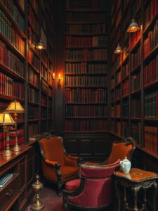 Elegant Vintage Library with Wooden Shelves – free AI stock image