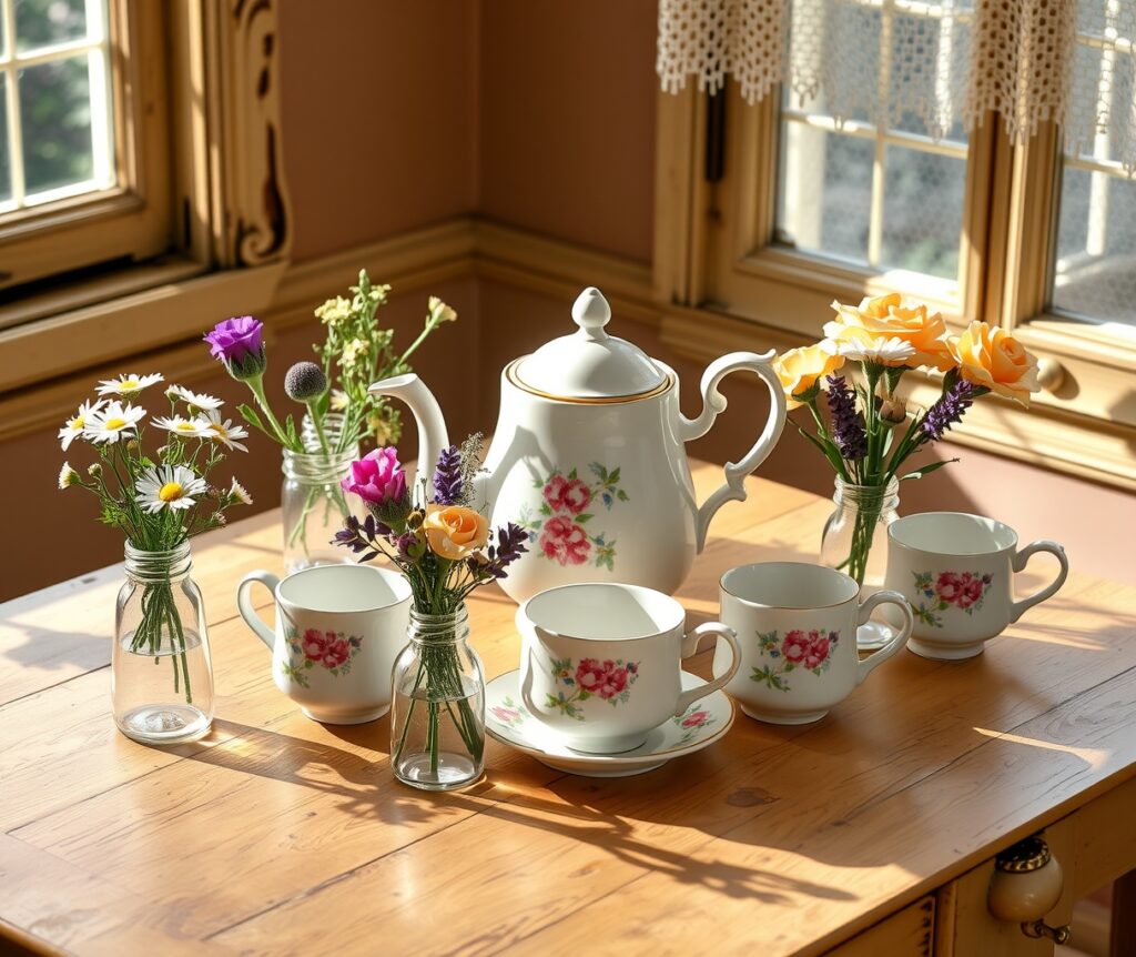 Elegant Vintage Tea Set on Rustic Table – free AI stock image