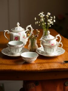 Elegant Vintage Tea Set on Wooden Table – free AI stock image