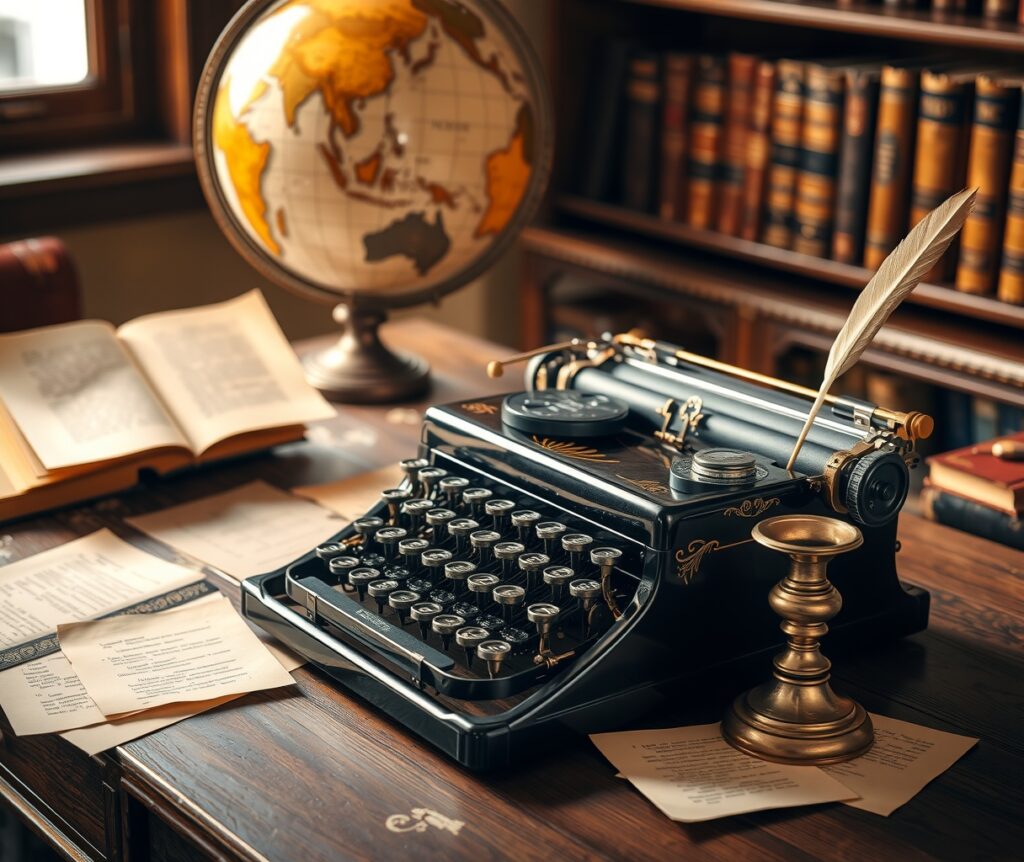 Elegant Vintage Typewriter on Wooden Desk – free AI stock image