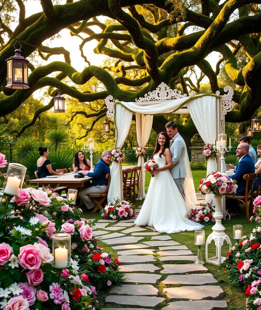Elegant Wedding Celebration in a Flower Garden – free AI stock image