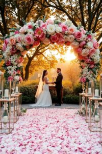 Elegant Wedding Celebration Under a Floral Arch – free AI stock image