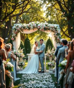 Elegant Wedding Ceremony in a Beautiful Garden – free AI stock image