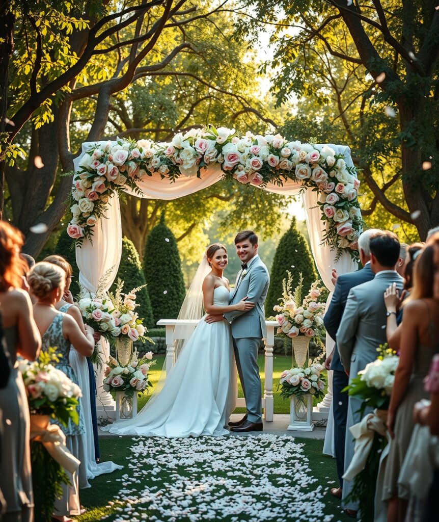 Elegant Wedding Ceremony in a Beautiful Garden – free AI stock image