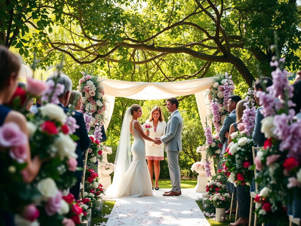 Elegant Wedding Ceremony in a Blooming Garden – free AI stock image