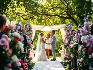 Elegant Wedding Ceremony in a Blooming Garden – free AI stock image