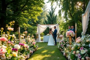 Elegant Wedding Ceremony in a Floral Garden – free AI stock image
