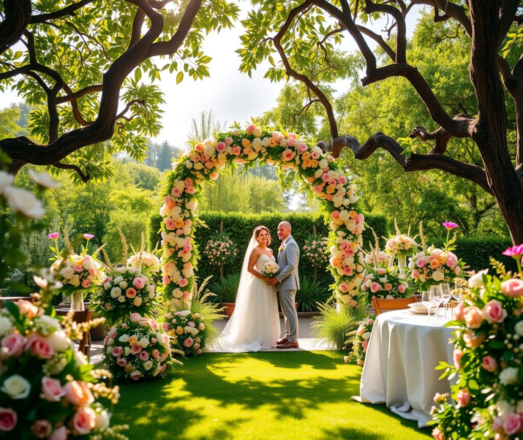Elegant Wedding Ceremony in a Flower Garden – free AI stock image