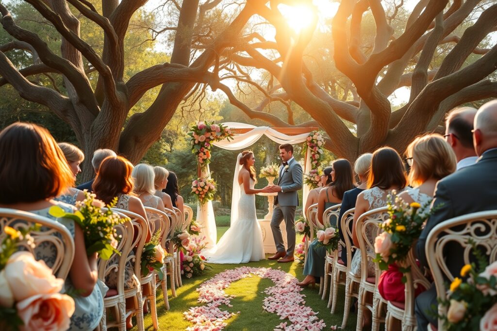Elegant Wedding Ceremony in a Garden Setting – free AI stock image