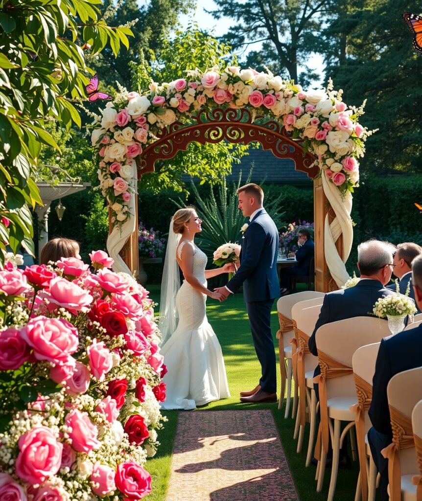 Elegant Wedding Ceremony in a Lush Garden – free AI stock image