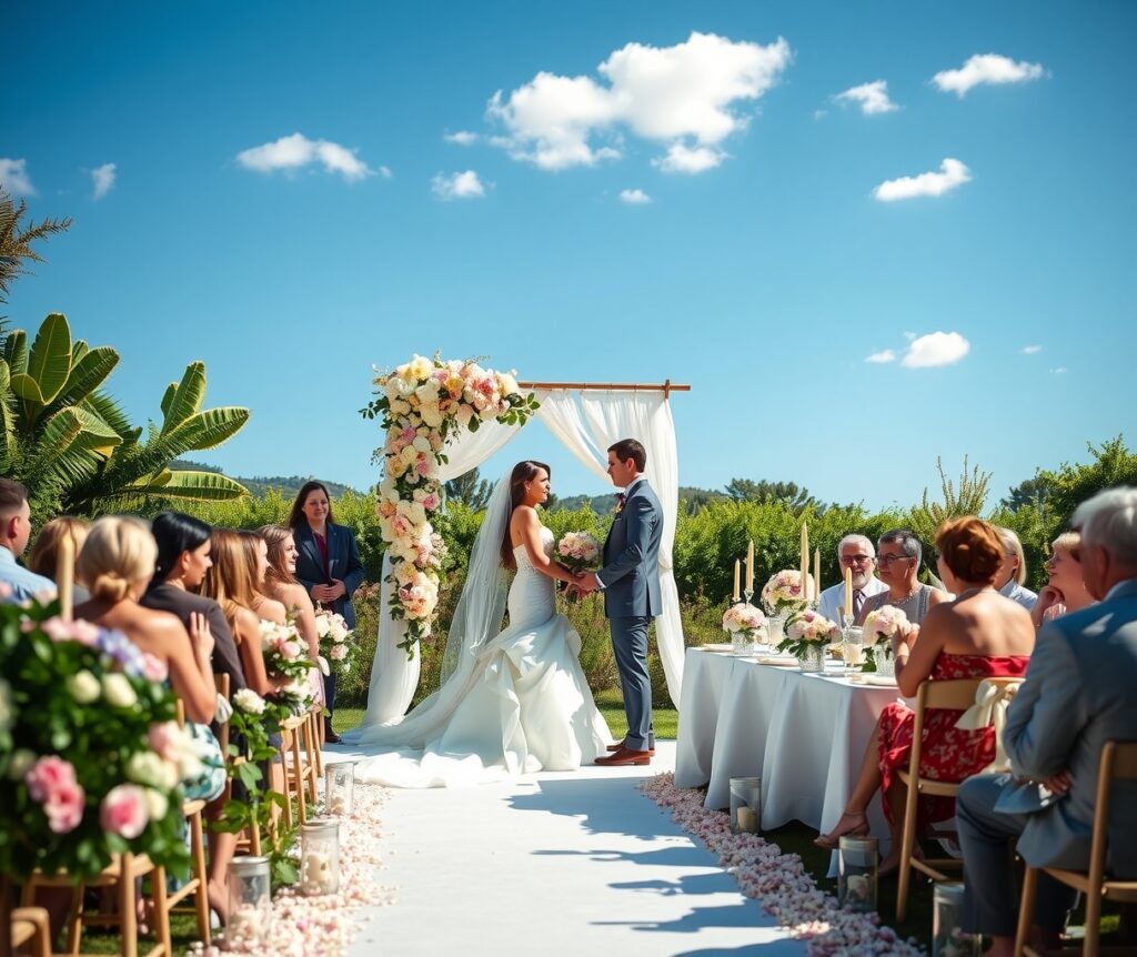 Elegant Wedding Ceremony in a Scenic Garden – free AI stock image