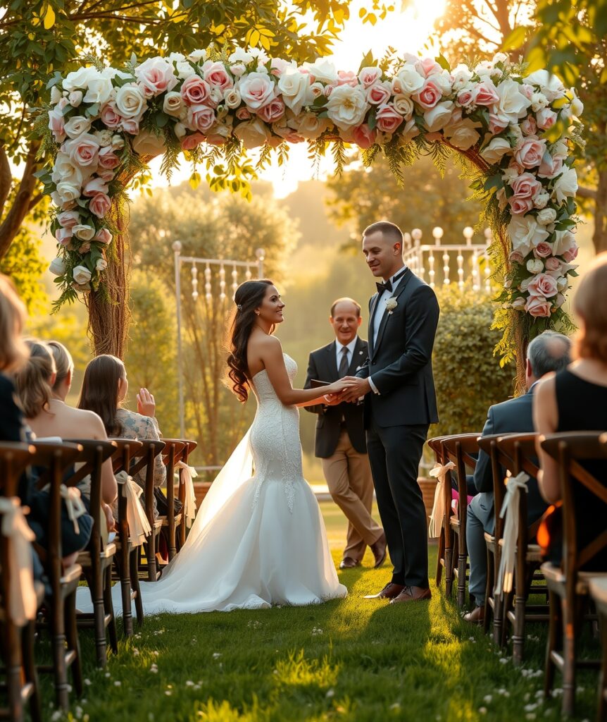 Elegant Wedding Ceremony Under a Blooming Arbor – free AI stock image