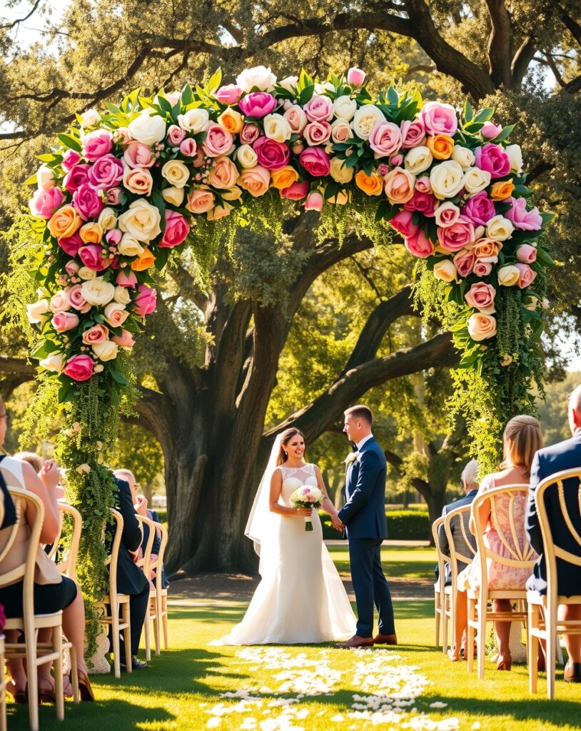 Elegant Wedding Ceremony Under a Blooming Arch – free AI stock image