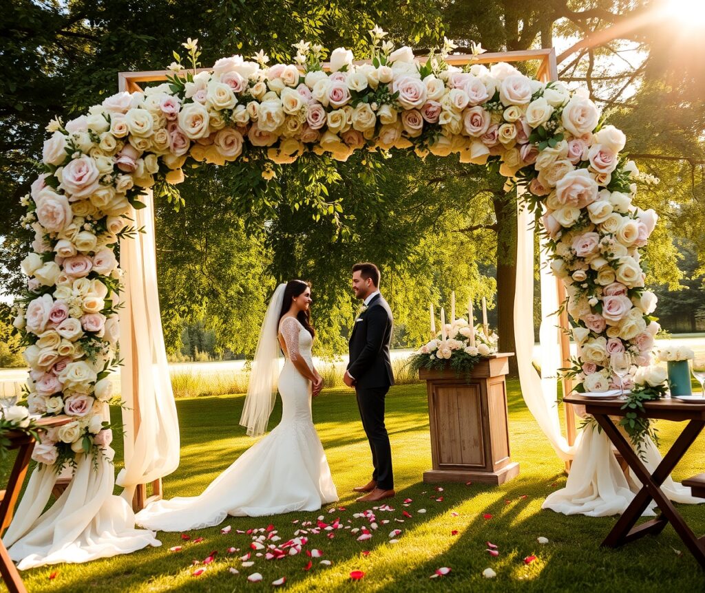 Elegant Wedding Ceremony Under a Floral Arch – free AI stock image