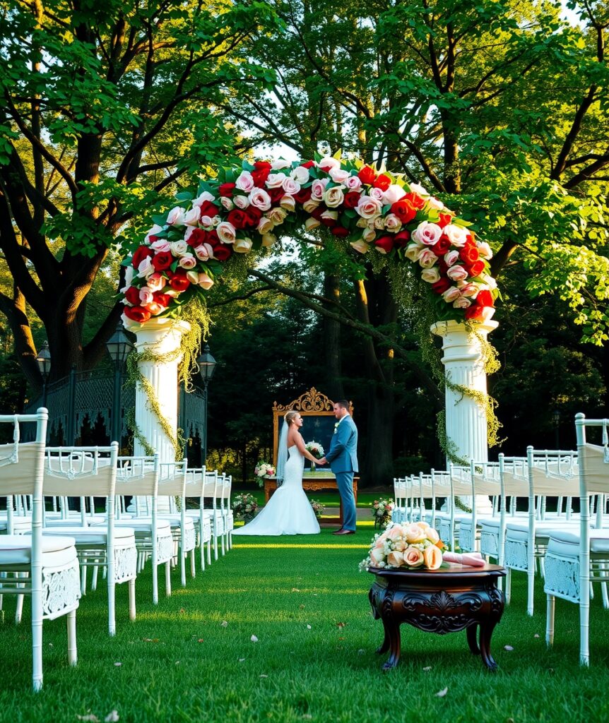 Elegant Wedding Ceremony Under a Floral Arch – free AI stock image
