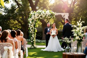 Elegant Wedding Ceremony Under a Floral Arch – free AI stock image