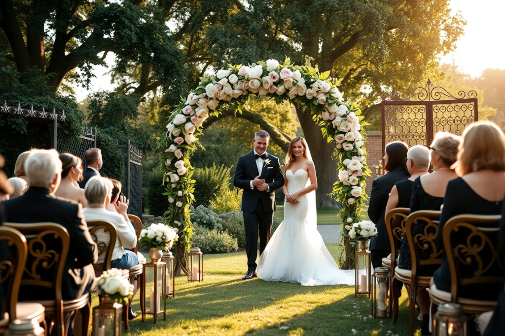 Elegant Wedding Ceremony Under a Floral Arch – free AI stock image